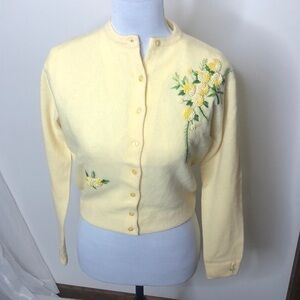 Charles& co. Yellow floral embroidered button up sweater size small​